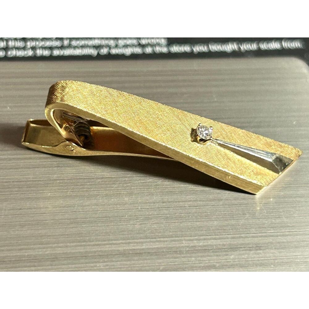 Vintage 14k Gold Tie Clip, Diamond Geometric Tie Bar solid yellow cold Damond